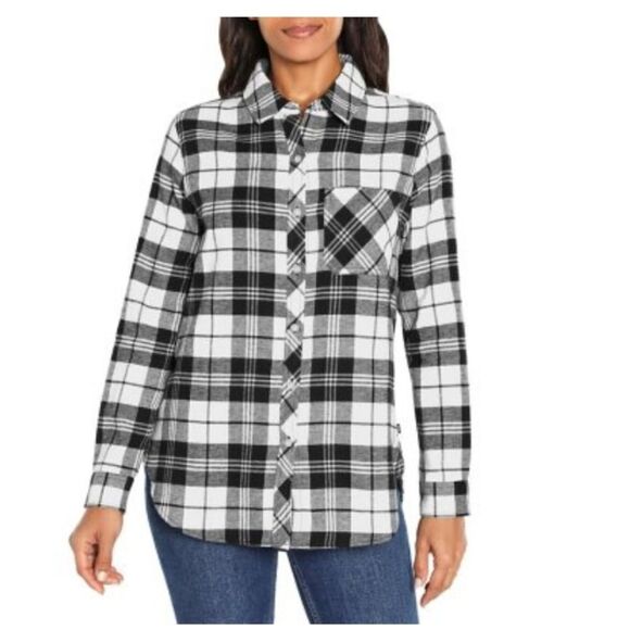 New Gap Ladies Relaxed Fit Flannel black white plaid flannel button small S NWT - Picture 1 of 11